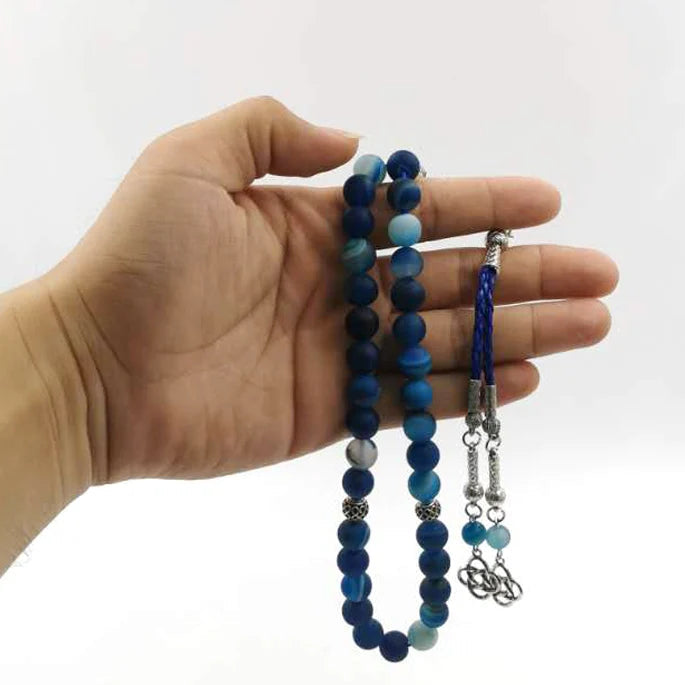 Tasbih Men Natural Matte Blue Agates Stone Prayer Beads Muslim Misbaha Gift 33Beads Professional Islamic Rosary Bead