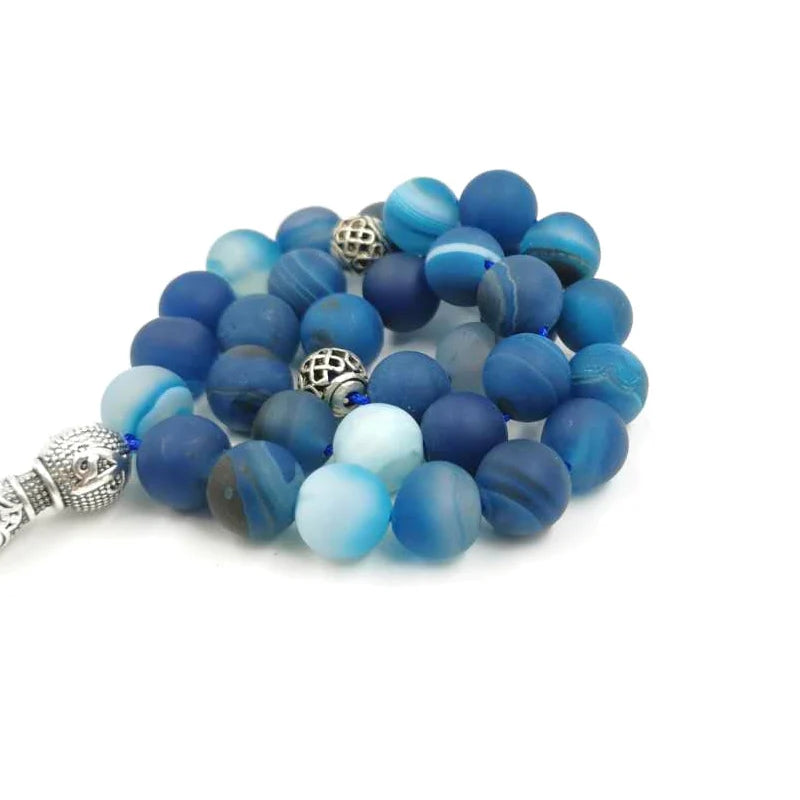 Tasbih Men Natural Matte Blue Agates Stone Prayer Beads Muslim Misbaha Gift 33Beads Professional Islamic Rosary Bead