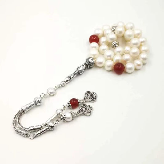 Tasbih chapelet - Perles d’eau douce naturelles –  Agates rouges